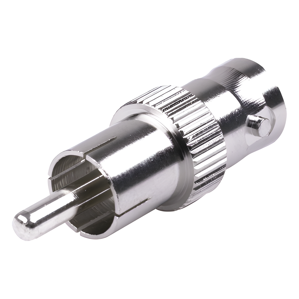 Adaptador de BNC Hembra a RCA Macho en 50 Ohm para Fono, uso en Aplicaciones de Audio-Video, Níquel/ Plata/ Delrin