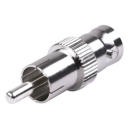 Adaptador de BNC Hembra a RCA Macho en 50 Ohm para Fono, uso en Aplicaciones de Audio-Video, Níquel/ Plata/ Delrin