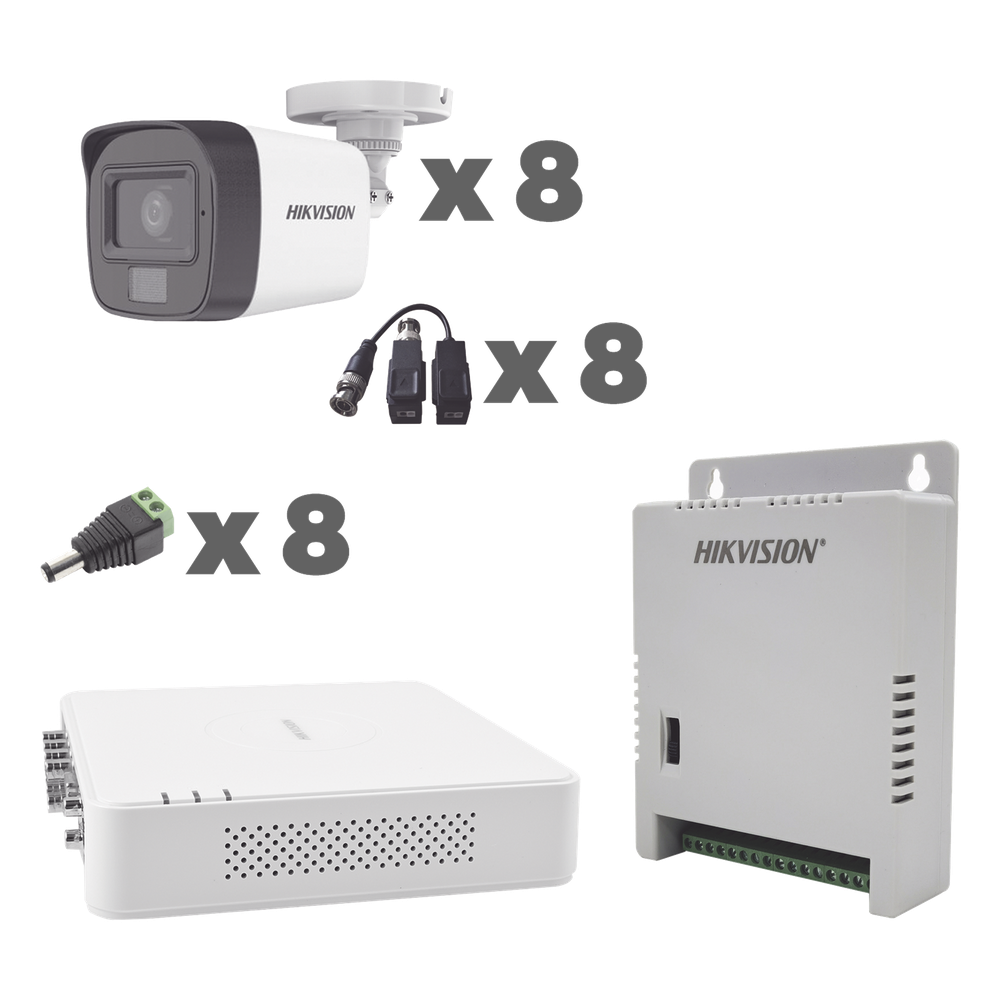 KIT TurboHD 1080p / DVR 8 Canales con audio por coaxitron / 8 Cámaras con Micrófono Integrado 101° Visión/ luz blanca + IR visión nocturna
