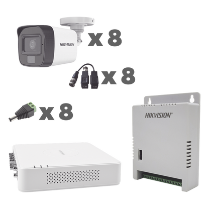 KIT TurboHD 1080p / DVR 8 Canales con audio por coaxitron / 8 Cámaras con Micrófono Integrado 101° Visión/ luz blanca + IR visión nocturna