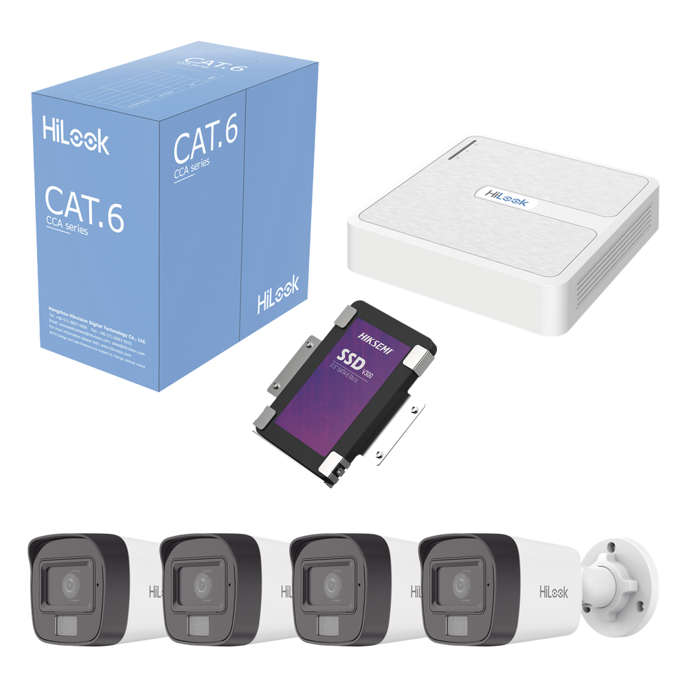 Kit IP 2 Megapixel / NVR de 8 Canales con 8 Puertos PoE / 4 Cámaras IP Bala para Exterior / Micrófono Integrado / Bobina de Cable de 305 mts / SSD 1