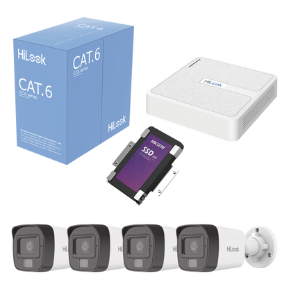 Kit IP 2 Megapixel / NVR de 8 Canales con 8 Puertos PoE / 4 Cámaras IP Bala para Exterior / Micrófono Integrado / Bobina de Cable de 305 mts / SSD 1