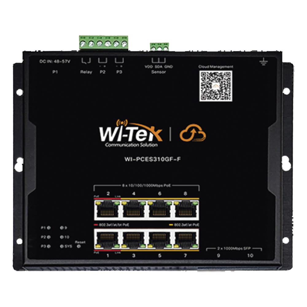 Switch L2 PoE Industrial / Administración Cloud Gratuita / 8 Puertos PoE af/at/bt 10/100/1000 Mbps / 2 Puertos SFP Gigabit / Máx Presupuesto PoE 145