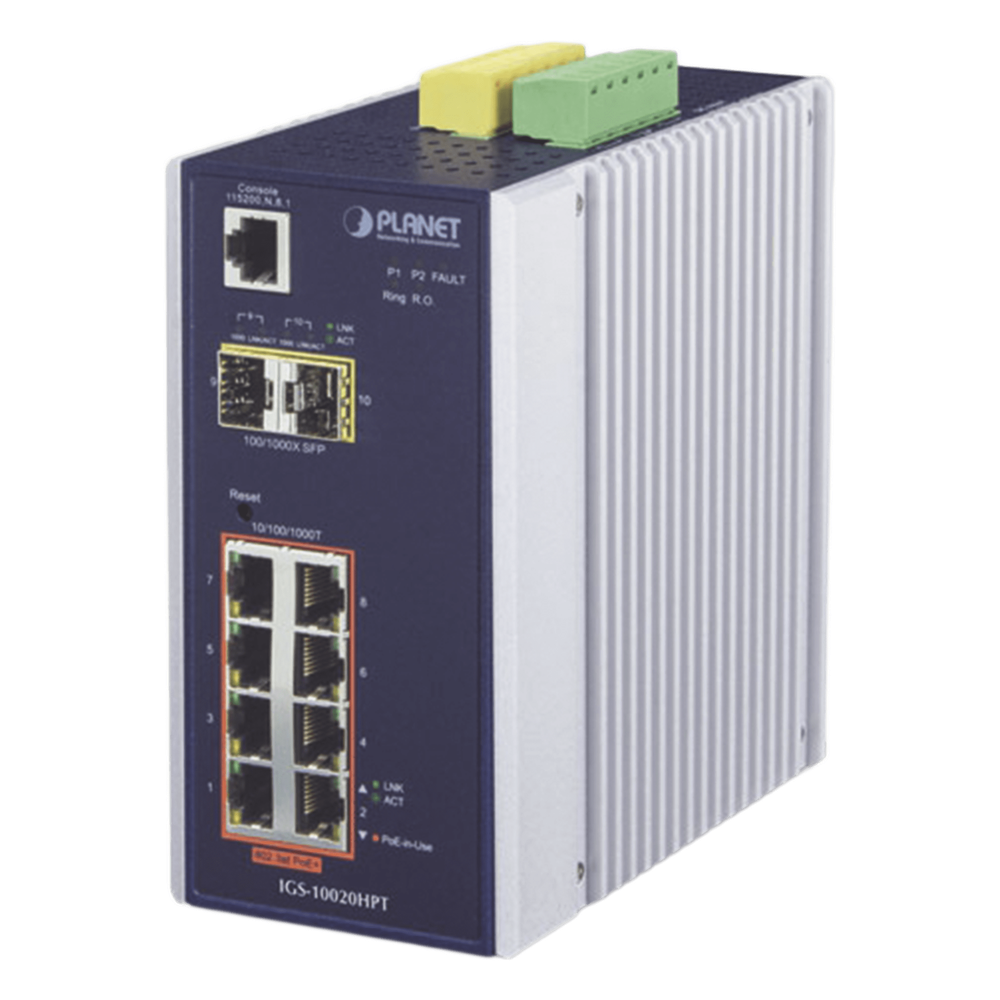 Switch Industrial Administrable Capa 2, 8 puertos PoE Gigabit 802.3af/at, 2 Puertos SFP de 1 / 2.5 Gigabit, Entrada de Voltaje Secundaria para Fuente