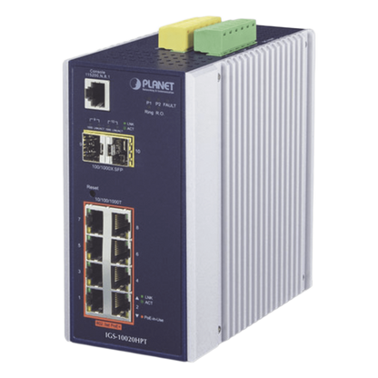 Switch Industrial Administrable Capa 2, 8 puertos PoE Gigabit 802.3af/at, 2 Puertos SFP de 1 / 2.5 Gigabit, Entrada de Voltaje Secundaria para Fuente