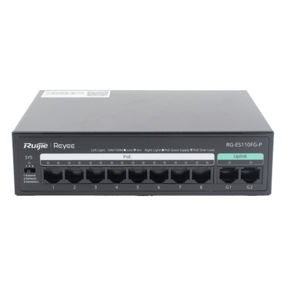 Switch PoE+ no Administrable, hasta 110 Watts, 8 puertos PoE+ 10/100 y 2 Uplinks Gigabit 1G