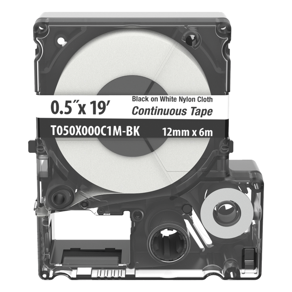Casete de Etiquetas de Nylon de Cinta Continua, Color Negro Sobre Blanco, Uso Interior/Exterior, 12 (0.5 Pulgadas) mm de Ancho x 6 Metros (19.69