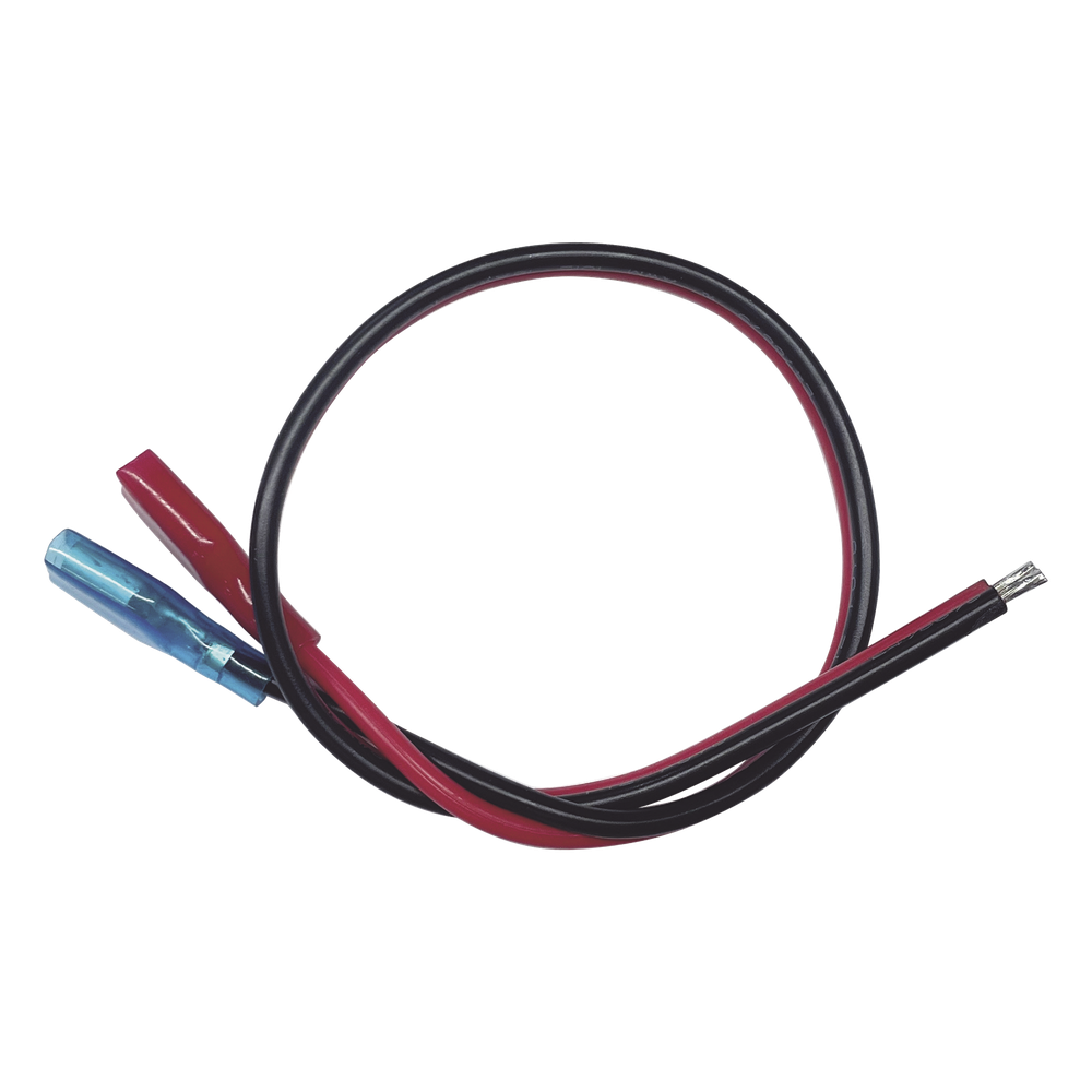 Cables en Paquete Dual / Cable Rojo y Negro / 30 cm (11.81 Pulgadas) / Terminal F1 en un Extremo / Puntas Libres en el Otro / Conexión a Baterías de