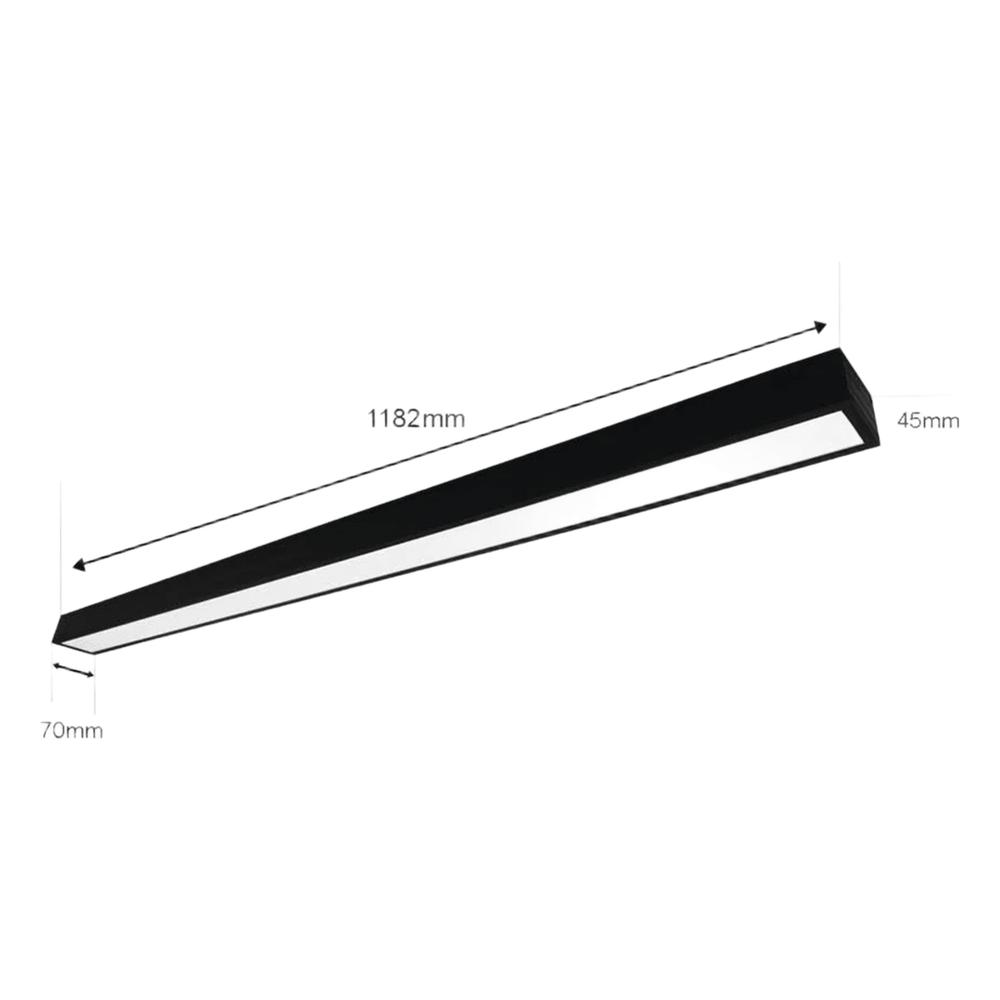 Panel LED Suspendido 22 W / 127 Vca~60Hz / Flujo luminoso 1 980 lm / Medidas 1182 x 70 x 45 mm / TCC 6 500 K / Ángulo de Luz de 140°.