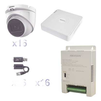 KIT TurboHD 1080p Lite / DVR 16 Canales / 16 Cámaras Eyeball Exterior ( 2.8mm) / Transceptores / Conectores / Fuente de Poder Profesional