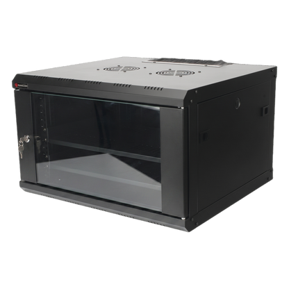 Gabinete de Pared PRECISION 19 in 6UR (455mm) - Cristal Templado. Incluye: 2 Ventiladores y Panel Cepillo
