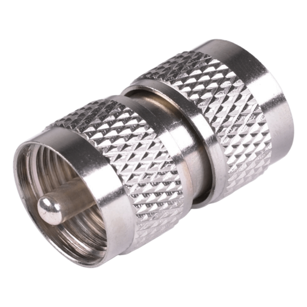 Adaptador RF Barril en Línea / Conector UHF Macho (PL-259) a UHF Macho (PL-259) / Cuerpo Bronce Níquel / Contacto Plata / Aislante Teflón