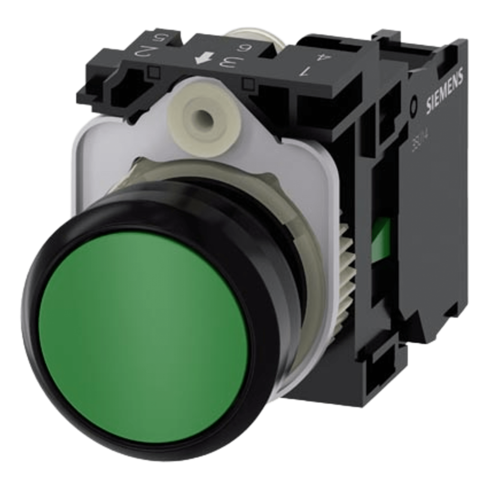 Botón 3SU11000AB401BA0 Sirius 22mm, Color Verde, Incluye soporte y contacto Normalmente Abierto.