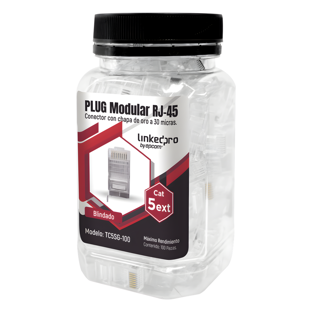 Bote con 100 Piezas de Plug Modular RJ45 Cat5e Blindado, Chapado de Oro a 30 Micras para Durabilidad Extrema con Pin de Tierra