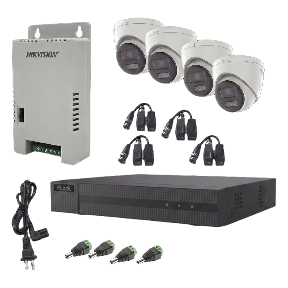 Kit HiLook Audio Bidireccional TurboHD 1080p / DVR Metalico 4 Canales / 4 Cámaras Eyeball (Exterior) con Bocina y Microfóno Integrado / 1 Fuente de