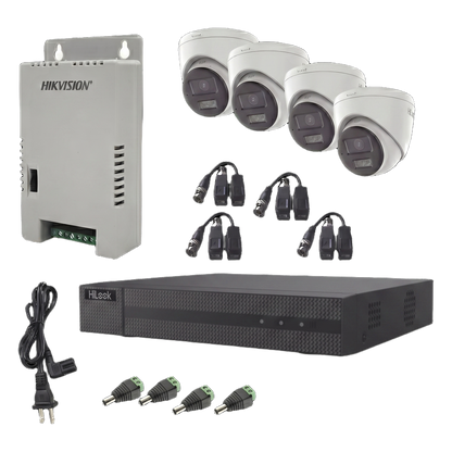 Kit HiLook Audio Bidireccional TurboHD 1080p / DVR Metalico 4 Canales / 4 Cámaras Eyeball (Exterior) con Bocina y Microfóno Integrado / 1 Fuente de