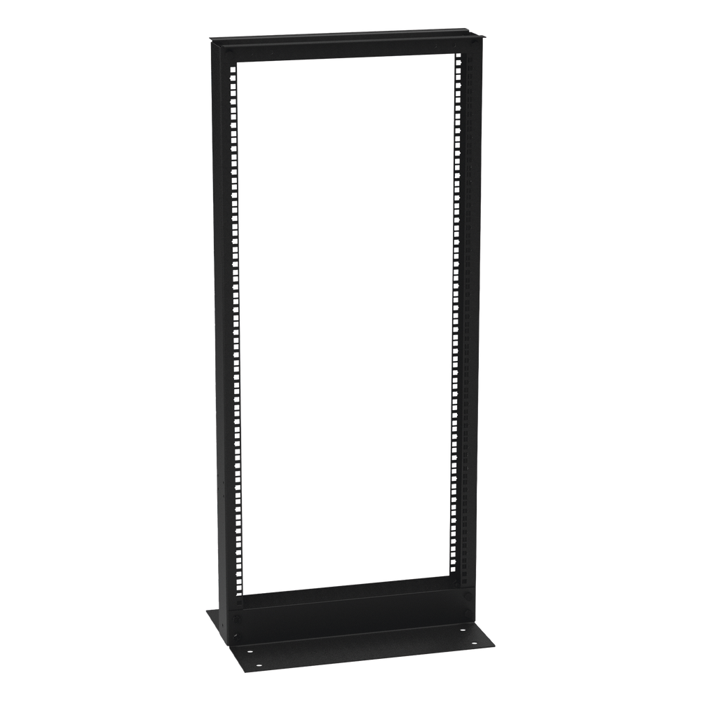 Rack de 2 Postes (Doble Perforación), Estándar 19", 24 Unidades, Fabricado en Acero, Base "L" para Anclar a Piso
