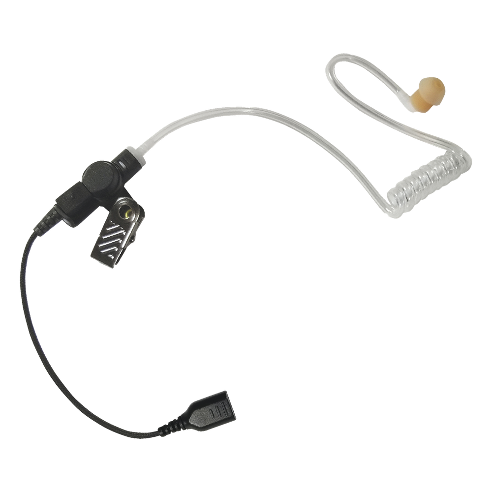 Auricular de tubo acústico transparente con cable de fibra tranzada con conector SNAP tipo MIRAGE. Requiere micrófono de solapa de 1 o 2 hilos de la