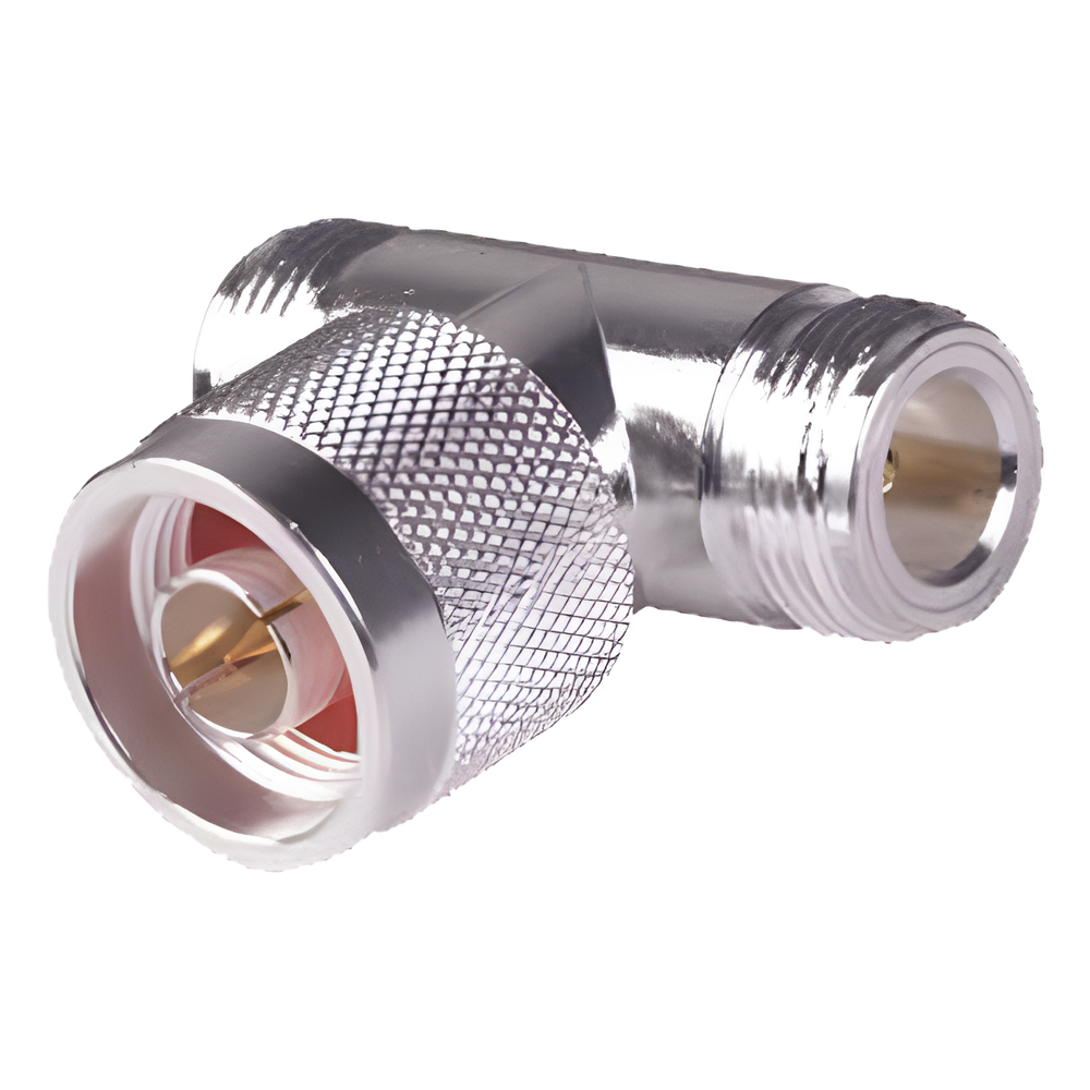 Adaptador en T, de Conector N Macho a Doble N Hembra, Plata/ Oro/ Teflón