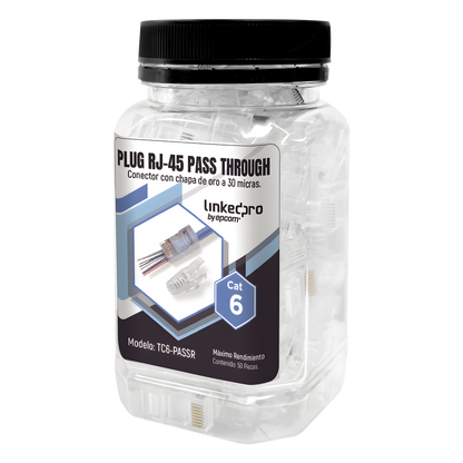 Bote con 50 Plugs Pass Through RJ45 Cat6 sin Blindaje, con Alivio de Tensión Incluido, Chapado de Oro a 30 Micras para Durabilidad Extrema