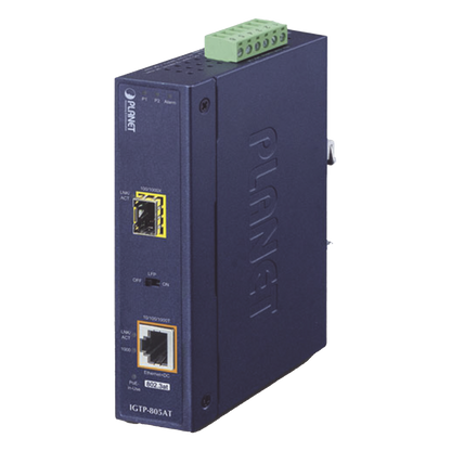 Convertidor de Medios PoE Industrial, Puerto SFP 1000BASE-SX/LX a Puerto RJ45 Gigabit con Salida PoE 802.3at (Hasta 30 W).