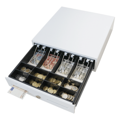Cajón para Efectivo / Serie MK / Compacto 330 mm / 4 Billetes + 8 Monedas / Apertura RJ12 / Clips Metálicos / Punto de Venta