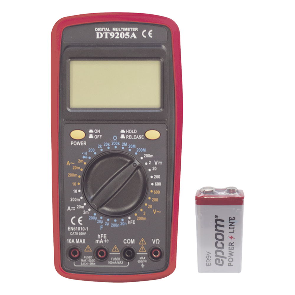 KIT Multímetro Digital DT9205A 600 Vcc / Vca CATII, con Pantalla LCD. Incluye Batería ER-9V de 9V