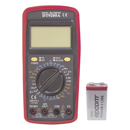 KIT Multímetro Digital DT9205A 600 Vcc / Vca CATII, con Pantalla LCD. Incluye Batería ER-9V de 9V
