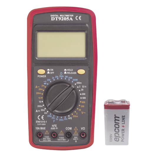 KIT Multímetro Digital DT9205A 600 Vcc / Vca CATII, con Pantalla LCD. Incluye Batería ER-9V de 9V