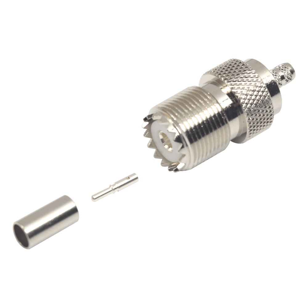 Conector UHF Hembra (SO-239) en Línea, de Anillo Plegable para Cable RG-58/U, RG-142/U, Níquel/ Plata/ Delrin