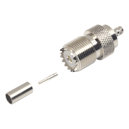 Conector UHF Hembra (SO-239) en Línea, de Anillo Plegable para Cable RG-58/U, RG-142/U, Níquel/ Plata/ Delrin