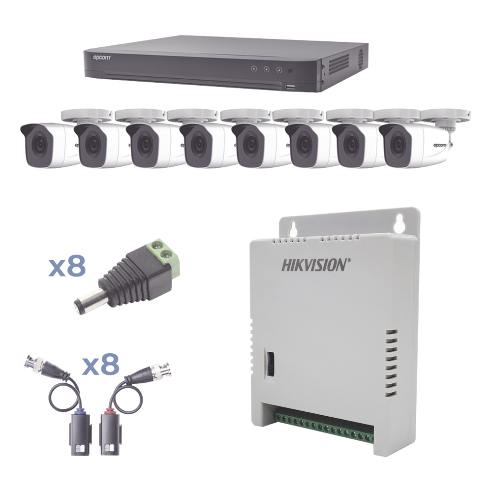 KIT TurboHD 1080p / DVR 8 Canales / 8 Cámaras Bala (exterior 2.8 mm) / Transceptores / Conectores / Fuente de Poder Profesional hasta 15 Vcc para