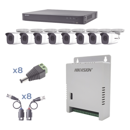 KIT TurboHD 1080p / DVR 8 Canales / 8 Cámaras Bala (exterior 2.8 mm) / Transceptores / Conectores / Fuente de Poder Profesional hasta 15 Vcc para