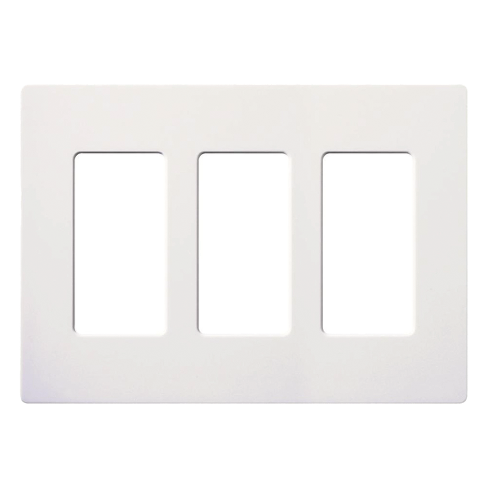 Placa de pared de 3 espacios sin tornillos visibles en acabado Snow satinado, compatible con atenuadores e interruptores Lutron Maestro, Diva, Claro