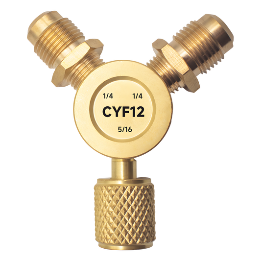 Conector Y CYF12 para Sistemas de Refrigeración / 2 Entradas 1/4" Macho Flare / 1 Salida 5/16" Hembra Flare / Recuperación Rápida y Evacuación
