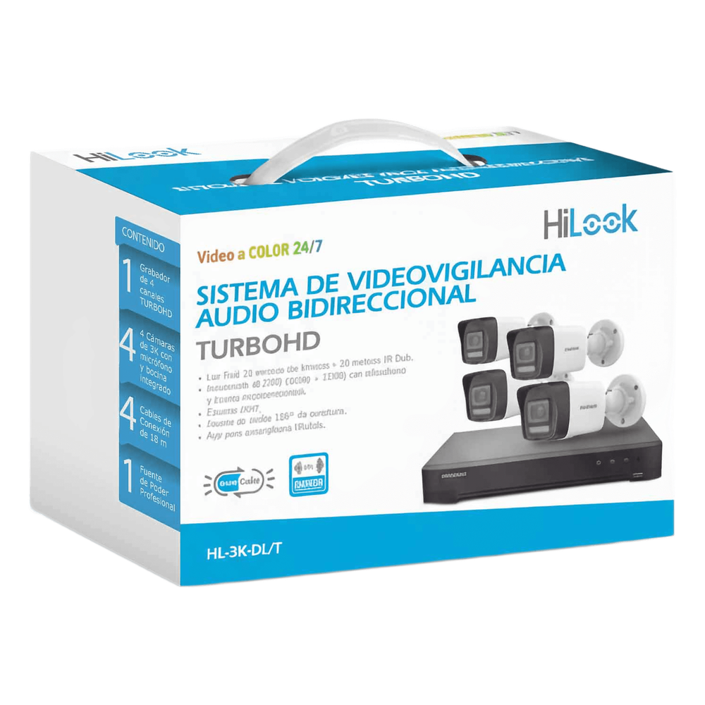 [Dual Light] Kit TurboHD 3K (5 Megapixel Lite) / DVR 4 Canales / 4 Cámaras bala Dual Light / Audio bidireccional / Accesorios de Interconexión