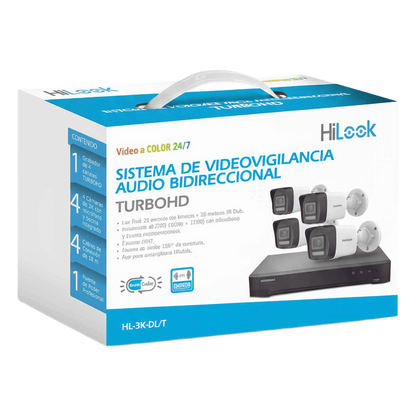 [Dual Light] Kit TurboHD 3K (5 Megapixel Lite) / DVR 4 Canales / 4 Cámaras bala Dual Light / Audio bidireccional / Accesorios de Interconexión