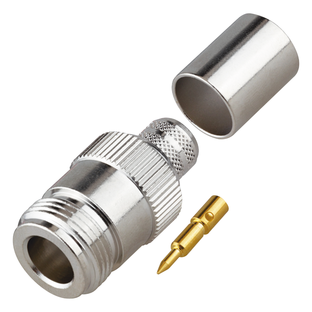 Conector N Hembra Inverso de Anillo Plegable para Cables 9913, RG-8/U, LMR-400, Grupo I, Níquel/ Oro/ Teflón