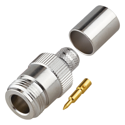 Conector N Hembra Inverso de Anillo Plegable para Cables 9913, RG-8/U, LMR-400, Grupo I, Níquel/ Oro/ Teflón