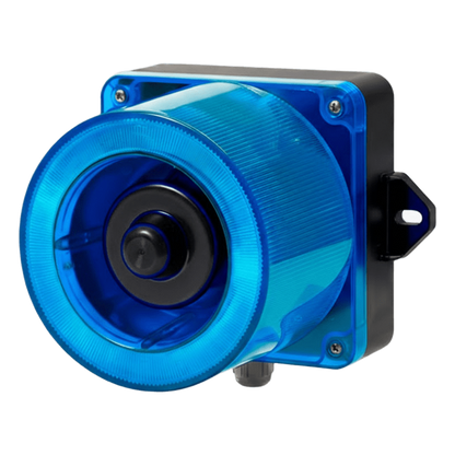 Combinacion de baliza LED color Azul y sirena electrónica de 31 tonos resistente a la intemperie de volumen máx. 123 dB a 12-24 VCD