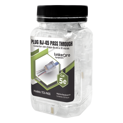 Bote con 100 Plugs Pass Through RJ45 Cat5e sin Blindaje, Chapado de Oro a 30 Micras para Durabilidad Extrema