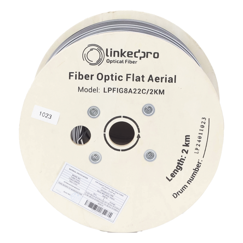 Carrete de 2 Kilómetros (6561.68 Pies) de Fibra Óptica Aérea Mini Figura 8 G.657A2 Tipo Drop Plana, Monomodo de 2 Hilos (Bifibra), Color Negro, (No
