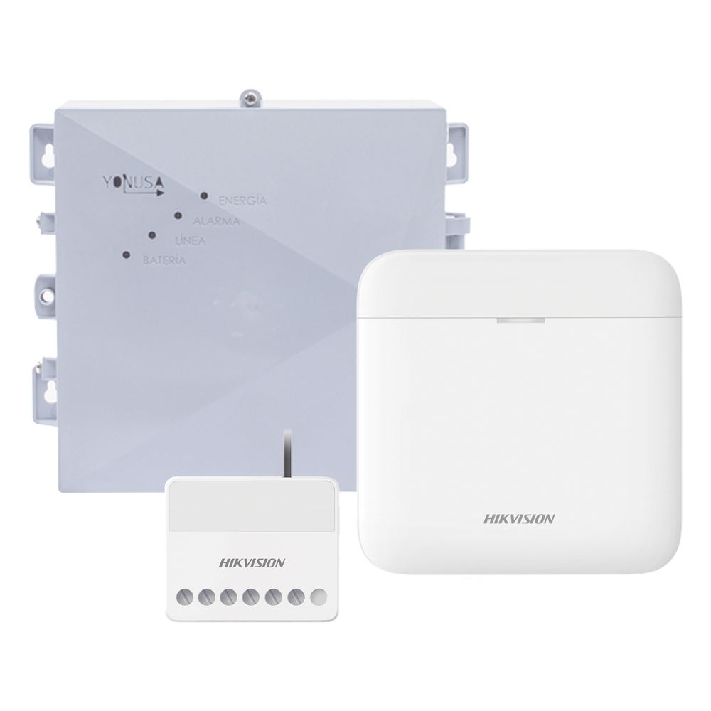 (AX PRO + YONUSA) KIT de Alarma AX PRO / Incluye: 1 Hub con bateria de respaldo / 1 Energizador 2500Mts Lineales / 1 Relevador 0 a 36 Vcc (Max. 5 A)