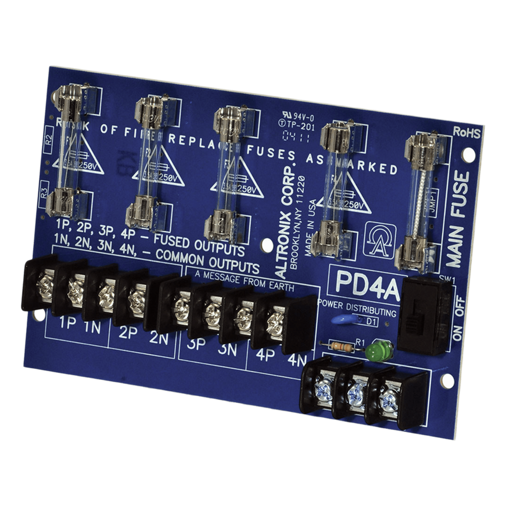 Módulo Distribuidor de Energía / 4 Salidas con Fusible 2.5A / Entrada 28VAC o 28VDC hasta 10A / Fusibles 3.5A/250V / LED Indicador por Salida