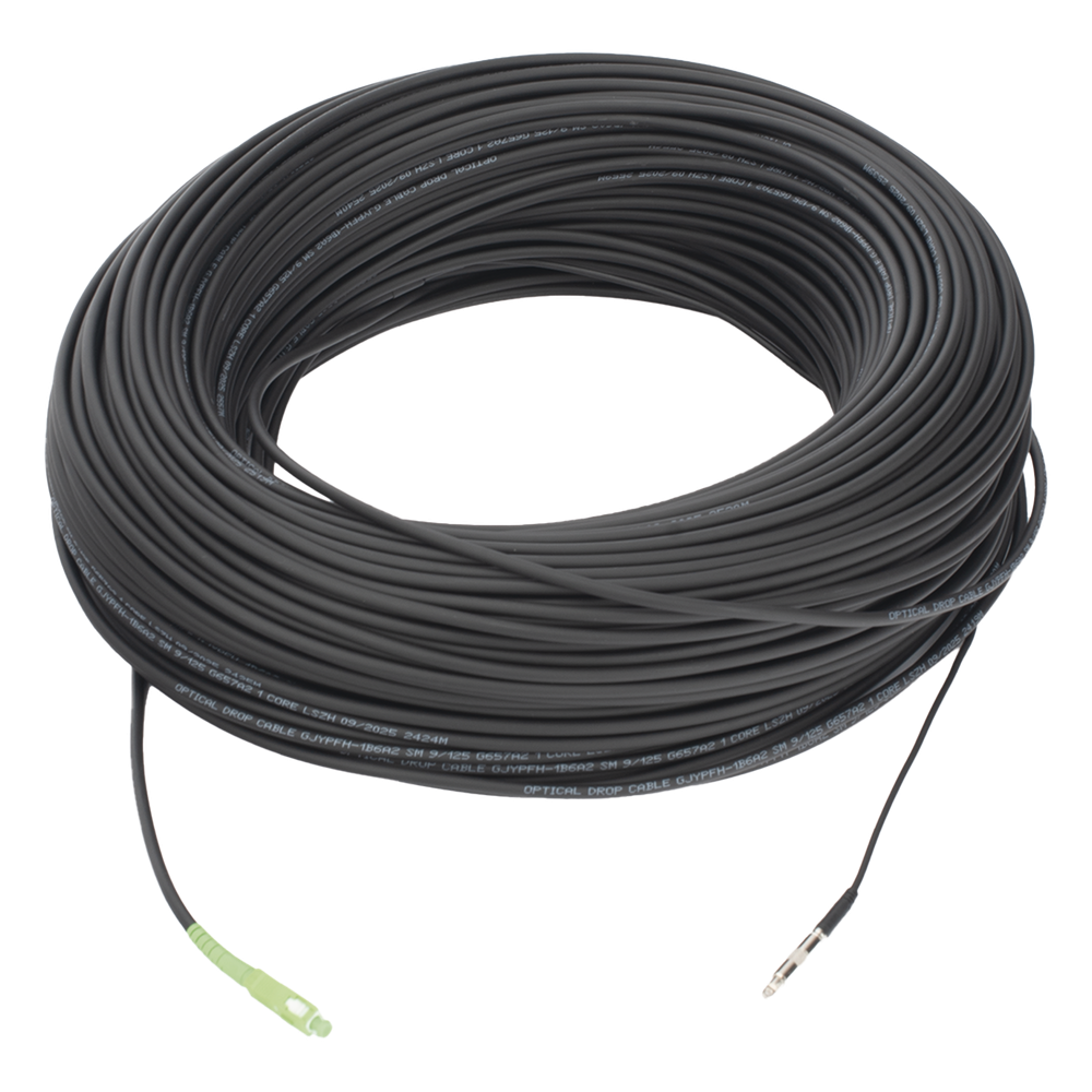 Rollo de Fibra Óptica Drop Redonda G657A2 Monomodo Simplex de 150 Metros (492.13 Pies) con Conectores SC/APC-SC/APC para Instalaciones Aéreas