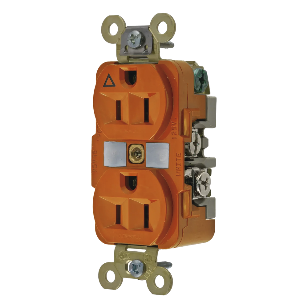 Contacto Dúplex Conexión a Tierra Aislada 15A 125V/ 2 Polos 3 Hilos/ Color Naranja/ Nema 5-15R/ Grado Industrial.