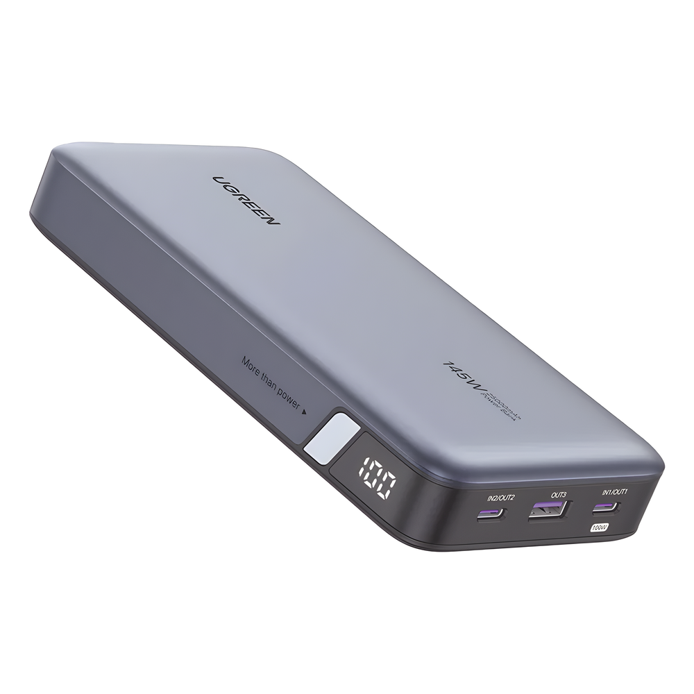 Power Bank de 25000mAh | 3 Salidas 145W Max. | USB-A + 2 USB-C | PD 3.0, QC3.0 | FCP | SCP | Pantalla Inteligente | Carcasa Ignifuga | Color Gris |