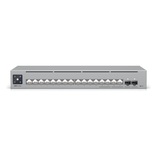 UniFi Switch Pro Max 16 con funciones Capa 3, 16 puertos EtherLight RGB / (4) puertos 2.5 GbE y (12) puertos GbE /(2) puertos SFP+ 10G /con pantalla