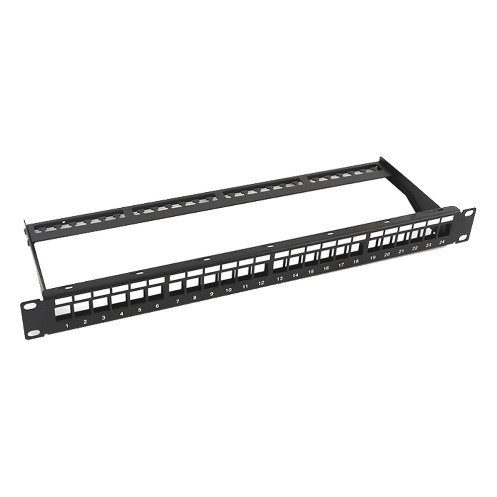 Patch Panel Modular sin Blindaje de 24 Puertos, 1U, con Barra para Organizar Cable