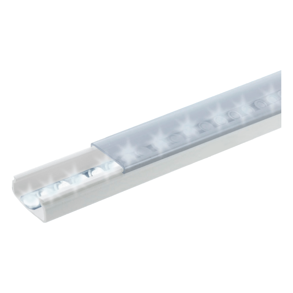 Difusor para tira LED con tapa transparente de PVC auto extinguible, ideal para colocar iluminación, 20 x 10mm, tramo de 1.53 m con cinta